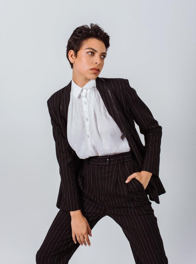 Black Pinstripes Suit Pants – Women’s Tailored Office Trousers