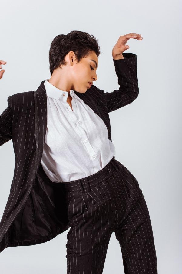 Black Pinstripes Suit Pants – Women’s Tailored Office Trousers