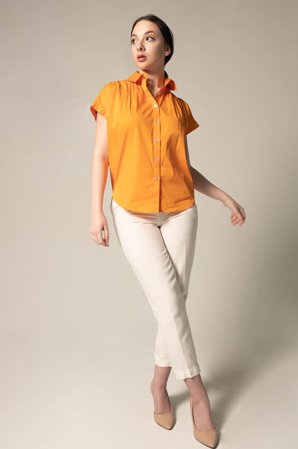 Womens Gather Collar Shirt in Orange – Stylish Gathered Blouse