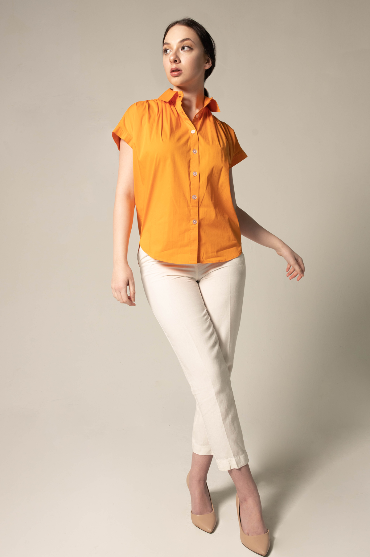 Womens Gather Collar Shirt in Orange – Stylish Gathered Blouse