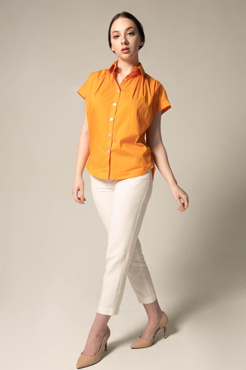 Womens Gather Collar Shirt in Orange – Stylish Gathered Blouse