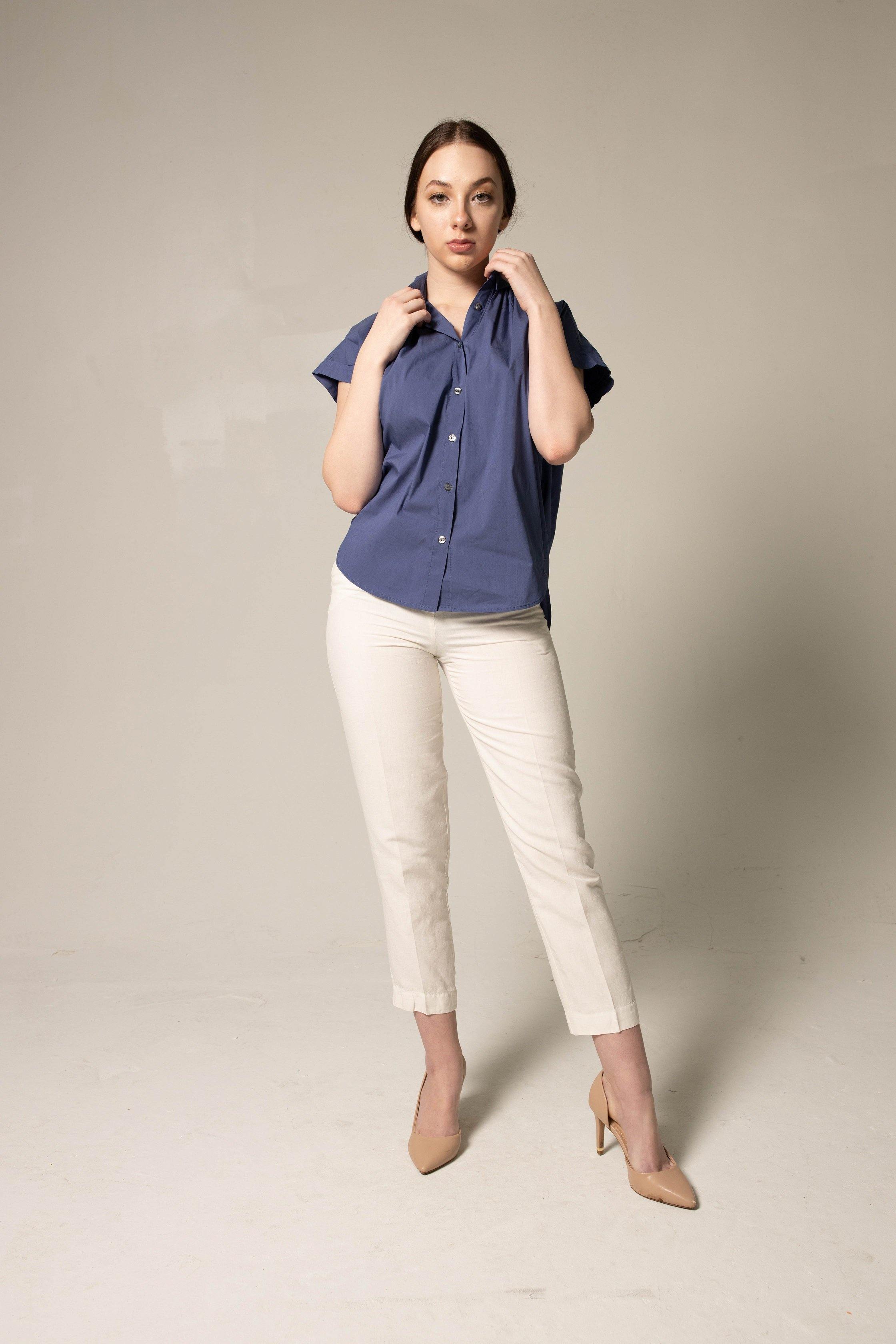 Womens Gather Collar Shirt in Navy – Elegant Blouse
