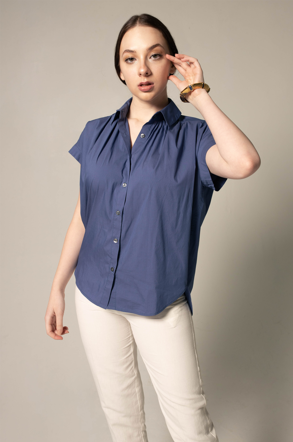 Womens Gather Collar Shirt in Navy – Elegant Blouse