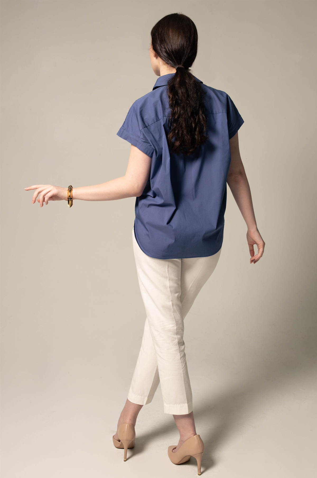 Womens Gather Collar Shirt in Navy – Elegant Blouse