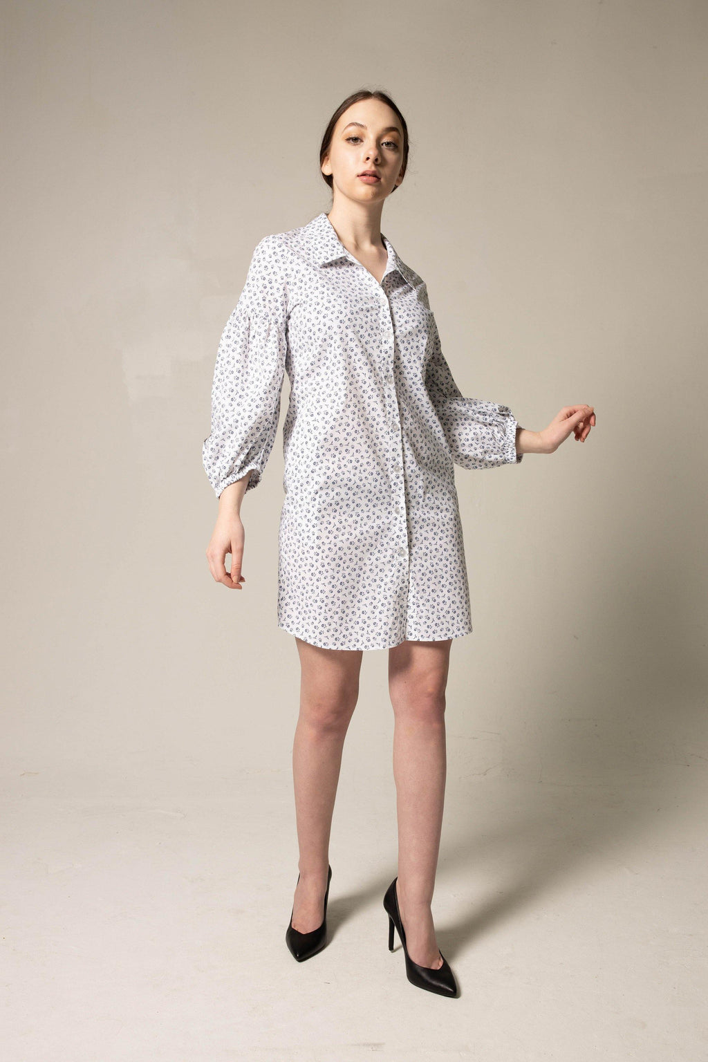 Shirt Dress with Oversized Sleeves in White Floral – Summer Dress