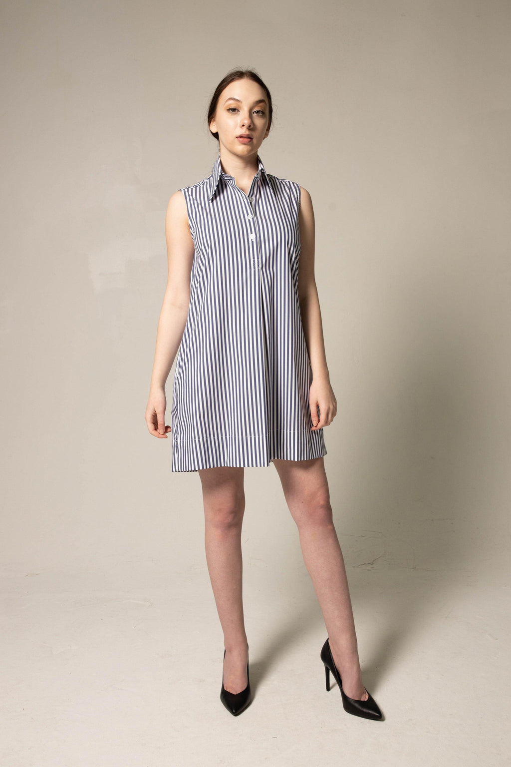 Italian Cotton Blue Stripe Sleeveless Dress – Elegant Summer Dress