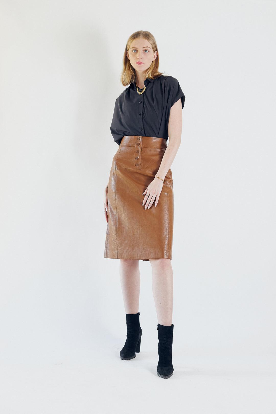 Glossy Brown Vegan Leather Pencil Skirt – Women’s Chic Leather Skirt