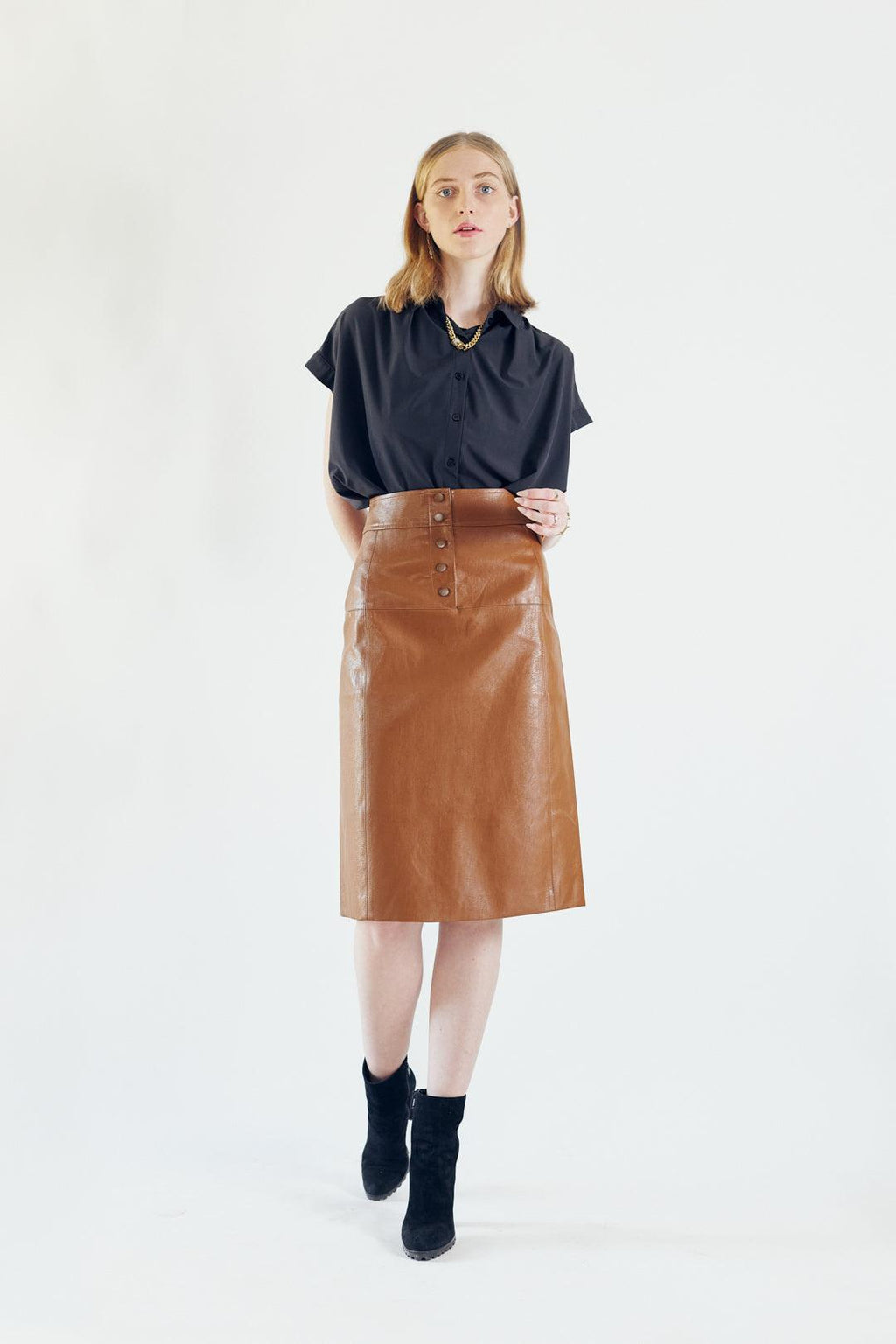 Glossy Brown Vegan Leather Pencil Skirt – Women’s Chic Leather Skirt