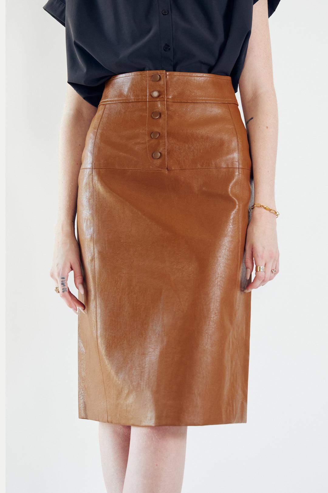 Glossy Brown Vegan Leather Pencil Skirt – Women’s Chic Leather Skirt
