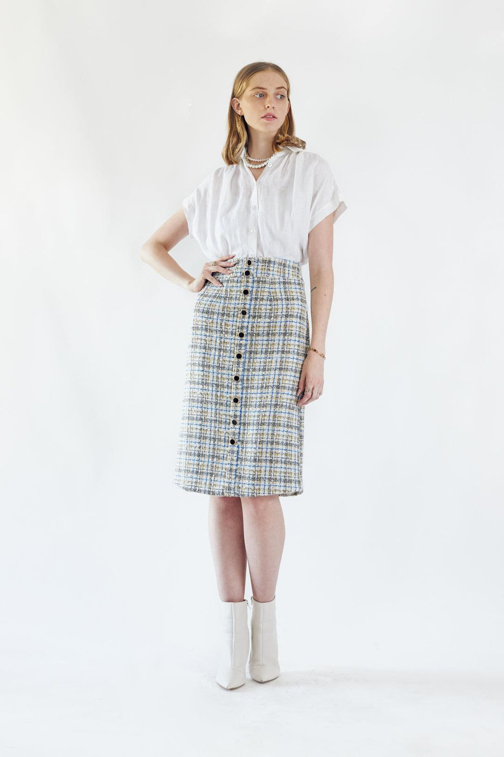 Luxe Plaid Tweed Pencil Skirt – Women’s Chic Tweed Skirt