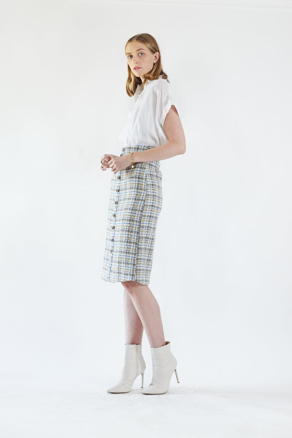 Luxe Plaid Tweed Pencil Skirt – Women’s Chic Tweed Skirt